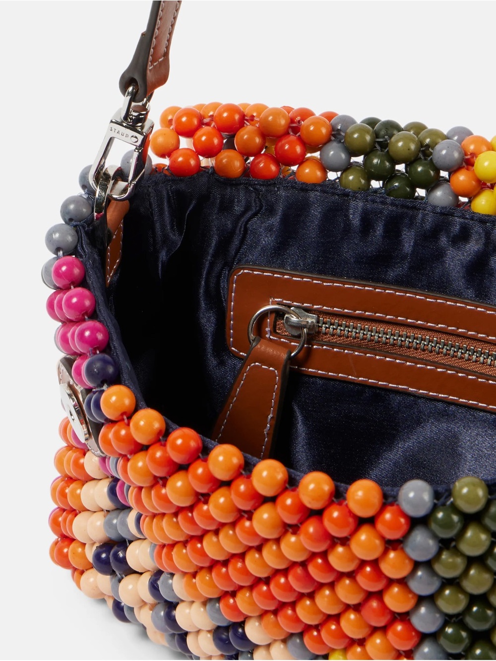 STAUD Timmy Multicolor Beaded Shoulder Bag in Orange, Pink, Yellow, Green, Navy - Picture 3 of 7